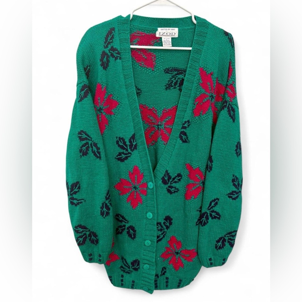 Vintage IZOD Hand Knit‎ Oversized Cardigan Sweater Large Floral Chunky Button